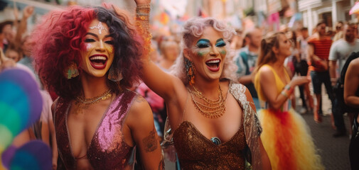 Fototapeta na wymiar Charismatic Generative AI Drag Queens at LGBTQ+ Gay Pride Parade in Amsterdam. Friendship and Diversity in the LGBTQ+ Community. Amsterdam Pride Celebration 