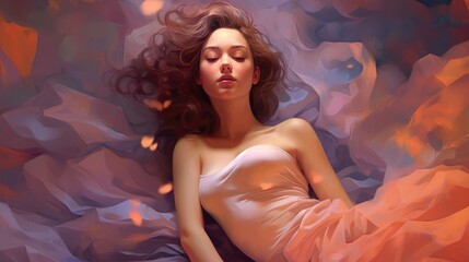 Beautiful young woman asleep lucid dreaming illustration watercolor style pastel colors painting generative ai
