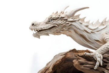 Fototapeta na wymiar dry wood dragon head close up view isolated on white, ai tools generated image