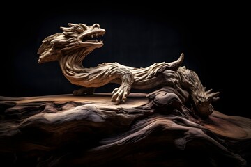 high detailed close up view of a dry wood dragon, ai tools generated image