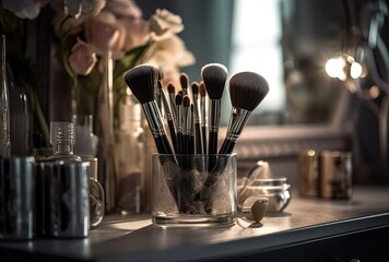 makeup brushes in glass on a vanity table, generative ai
