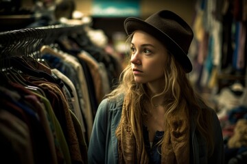 Obraz premium A young woman shopping alone, browsing through racks of clothes and accessories, with a sense of independence and self-reliance. Concept sense of individuality and self-expression. Generative AI