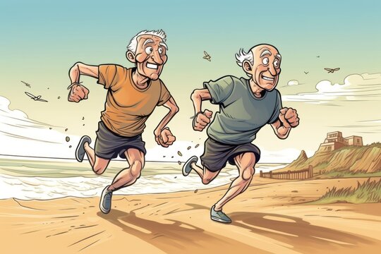 Senior friends jogging outdoors on a beautiful summer day. Generative Ai.