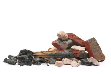 Burned and demolished, charcoal , stone and broken,   pieces red tiles isolated on white, side view