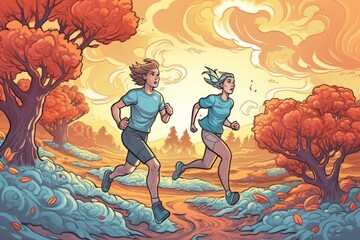 Two people jogging outdoors on a beautiful summer day. Generative Ai.