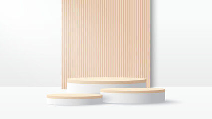 Podium platform to show product with beige square background. White minimal scene for product display presentation