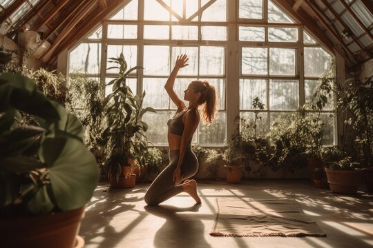 A person of yogis practicing yoga poses in a bright and airy studio, surrounded by plants and natural light. Concept of mindfulness and physical wellness. Generative AI