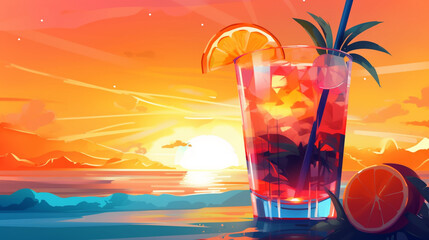 cocktail glass in sunset beach blurry background