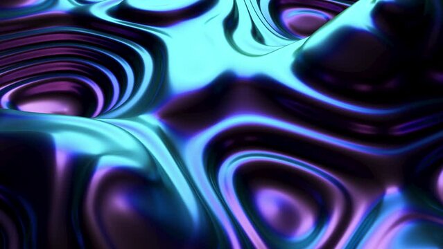 Waves on liquid neon metal surface. Digital sound concept: patterns formed by the sound waves. Abstract visualization of big data, digital sound and artificial neural network. Seamless loop animation