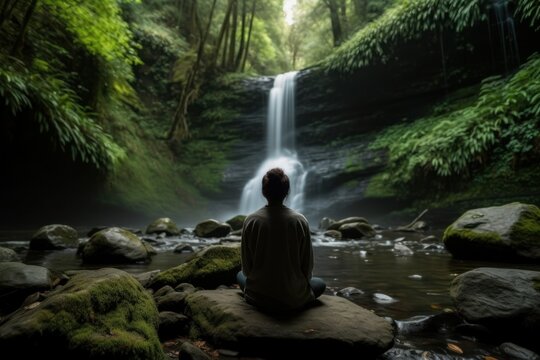 A person meditating in a natural setting, such as a forest with waterfall forest, with the sounds of nature in the background. Concept of harmony and connection with nature. Generative AI