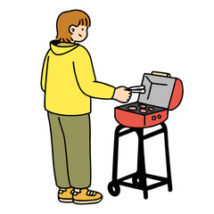 A Woman Grilling BBQ. Camping Concept, Simple style, Vector Illustration.