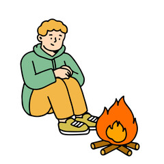 Man Looking at a Campfire. Camping Concept, Simple style, Vector Illustration.