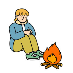 Woman Looking at a Campfire. Camping Concept, Simple style, Vector Illustration.