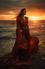 Fototapeta na wymiar Woman with a elegant long dress flying on the beach at sunset. Generative AI