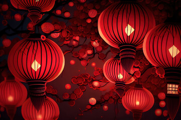 Chinese red lantern in the night of Chinese New Year of happiness. Generative Ai