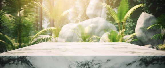 Marble rock table top with greeny leaves,foliage of tropical garden.morden contemporary of kitchen or ivingroom.interiors design background.generative ai technology