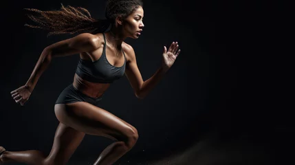 Foto op Canvas Epic Fitness Action Shot: Beautiful Fit Active Athletic Brunette Woman Sprinting. Diverse Woman of Colour Female Athlete Running Sprints and Training Cardio. Isolated on Black Background Generative AI © Wild Awake