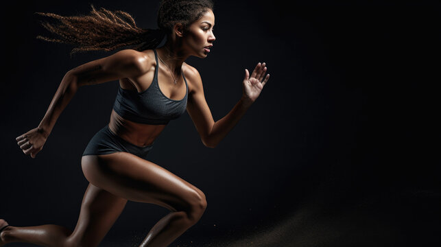 Epic Fitness Action Shot: Beautiful Fit Active Athletic Brunette Woman Sprinting. Diverse Woman of Colour Female Athlete Running Sprints and Training Cardio. Isolated on Black Background Generative AI