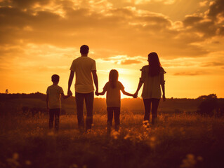 Fototapeta na wymiar silhouette of family walking at sunset