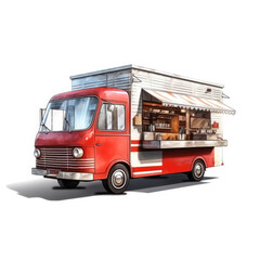 Fototapeta na wymiar A red food truck for serving delicious street food, isolated on a white background, generative AI