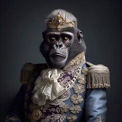 Realistic lifelike gorilla in renaissance regal medieval noble royal outfits, commercial, editorial advertisement, surreal surrealism. 18th-century historical. 