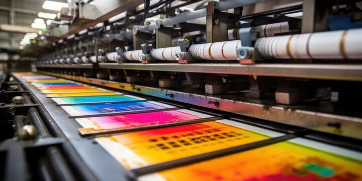 Close up of an offset printing machine during production
