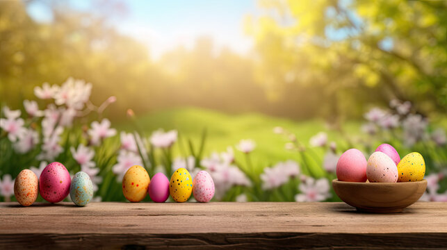Easter eggs on a wooden floor and a blurred spring meadow in the background. Generative AI