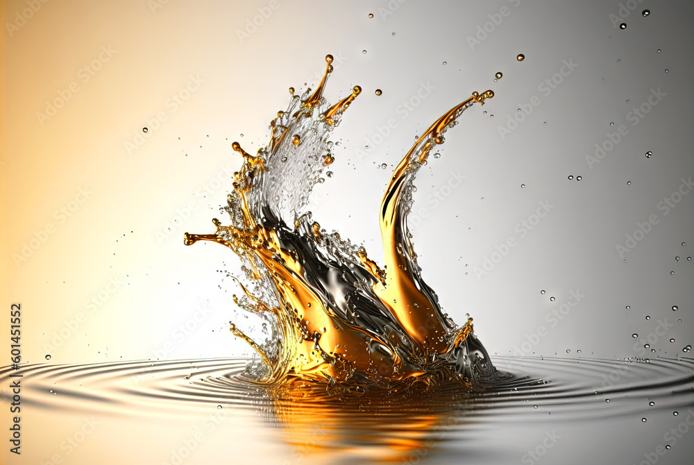 Poster water splash with beautiful drops flying away. liquid motion background. generated ai. generative ai