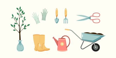 Garden ware flat style vector illustrations set. Gardening equipment and products including tools, garden shoes, wheelbarrow and seedlings collection Isolated
