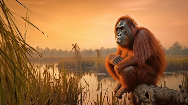Tapanuli Orangutan in the wild. Endangered species. Generative AI.