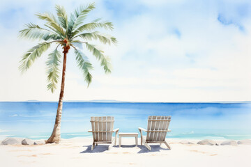 Minimalistic watercolor illustration of a serene beach with sea, pure white sand, chairs and a palm. Tropical holiday concept for postcard. Generative AI