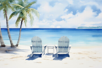 Minimalistic watercolor illustration of a serene beach with sea, pure white sand, chairs and a palm. Tropical holiday concept for postcard. Generative AI