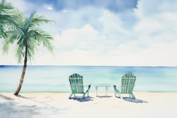 Minimalistic watercolor illustration of a serene beach with sea, pure white sand, chairs and a palm. Tropical holiday concept for postcard. Generative AI