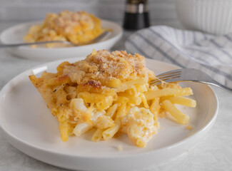 Macaroni and cheese with cauliflower and gratinated bread crumb, parmesan topping on a plate