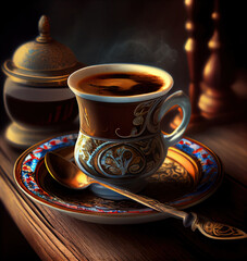 cup of hot Turkish coffee on a wooden table. Generative AI