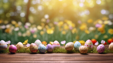 Obraz premium Easter eggs on a wooden table and a blurred spring meadow in the background. Generative AI