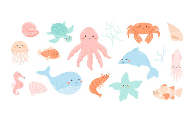 Cute sea animals set. Underwater creatures collection. Squid, octopus with pretty face, isolated seahorse, dolphin, cool shrimp, jellyfish, baby whale, turtle, fish, crab. Childish vector illustration