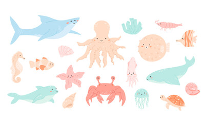 Cute underwater animals set. Sea creatures big collection. Squid, octopus with pretty face, isolated seahorse, shark, cool shrimp, jellyfish, whale, abstract fish. Childish vector illustration.