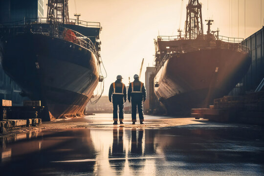 Shipyard workers with ships under construction in background. Created with Generative AI technology.