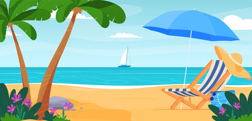 Fototapeta na wymiar Beach deck chair with umbrella. Summer vacation on a sandy beach. Happy hot vacation. Vector illustration