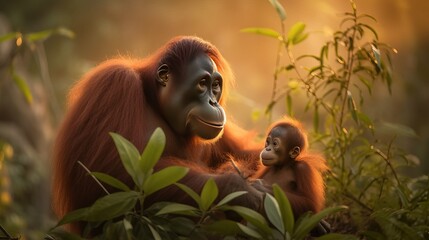 Obraz premium Tapanuli Orangutan mother and child in the wild. Mother and child concept. Father and child concept. Endangered species. Generative AI.