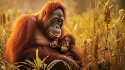 Fototapeta premium Tapanuli Orangutan mother and child in the wild. Mother and child concept. Father and child concept. Endangered species. Generative AI.