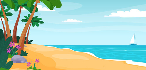Summer vacation on a sandy beach. Happy hot vacation. Vector illustration