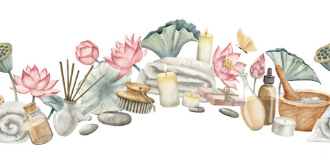 Spa seamless Border with body care Cosmetic, towels and flacons on isolated background. Hand drawn watercolor illustration with lotus flowers. Pattern with mortar and aroma essential oil for banner.