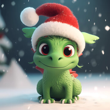Little green dragon in a red Christmas hat. Symbol of 2024. Generative AI