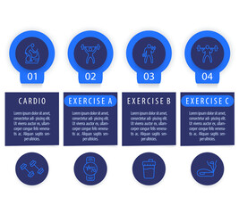 Gym training and workout, 4 steps infographic template, with line fitness icons