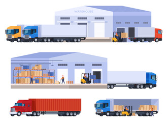 Warehouses with goods and trucks. Storage and delivery of products. Logistics centers to improve the speed and distribution of goods. Vector illustration