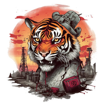 A rock and roll tiger t-shirt design featuring a snarling tiger with glowing eyes and a bio-mechanical implant on its forehead, Generative Ai