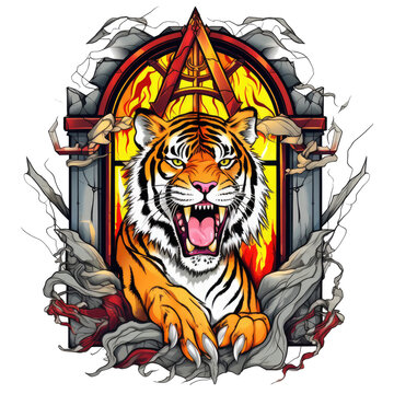 A rock and roll tiger t-shirt design featuring a roaring tiger with a crown of thorns and a cross necklace, set against a stained-glass window with flames and angels, Generative Ai