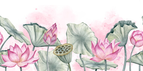 Lotus Flower seamless Border. Hand drawn watercolor illustration of water lily pink plants on isolated background. Floral pattern for frame or spa Zen banner. Drawing of water lily with green leaves.